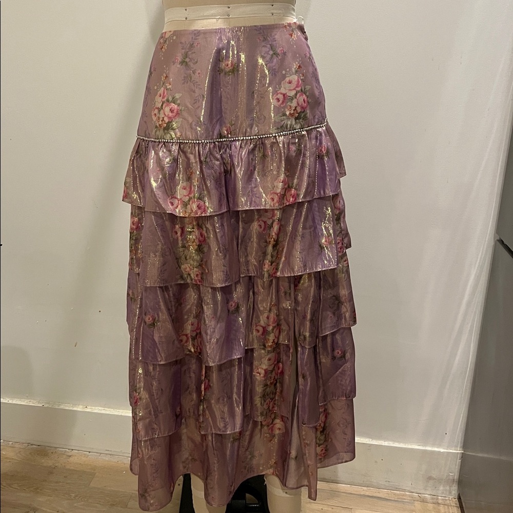 Loveshackfancy metallic midi skirt floral